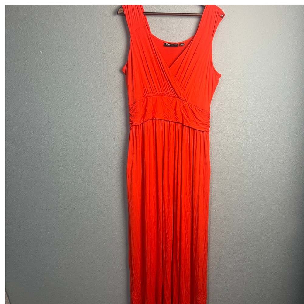 NY &‎ Company XL Maxi Babydoll Y2K Dress Sleeveless Orange Ruched Pocket Casual